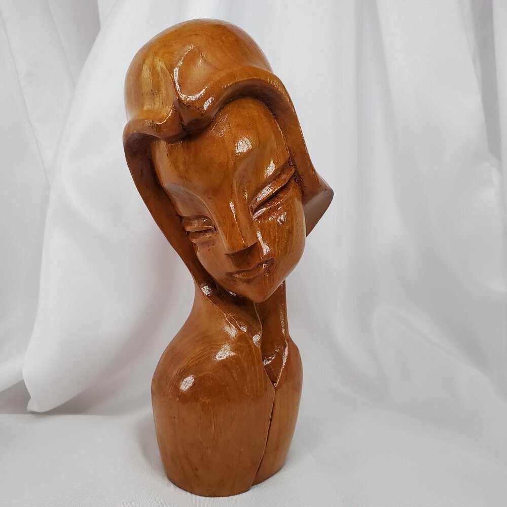 VTG Mid-Century Art Deco Carved Wood Women Female Bust Sculpture Handcrafted 8" - Picture 14 of 14